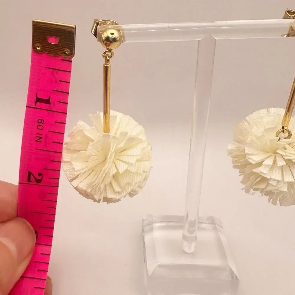 J CREW Pom Pom Earrings Dangle Drop Carnation Flower Gold tone Casual Jewelry